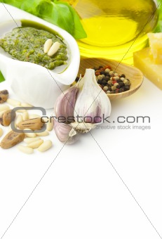 Fresh Pesto and its ingredients / vertical