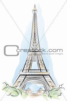 Drawing color Eiffel Tower in Paris, France. Vector illustration