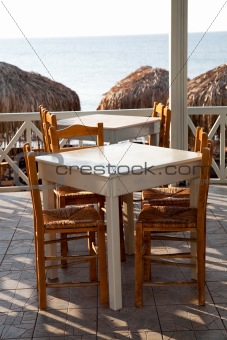 Restaurant tables in Perissa, Santorini, Greece