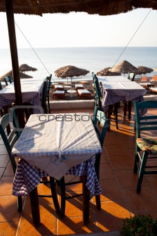 Restaurant tables in Perissa, Santorini, Greece