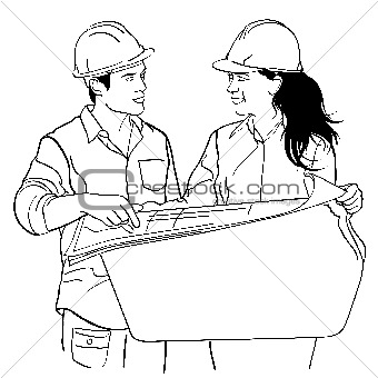 Drawing black and white young architects. Vector illustration