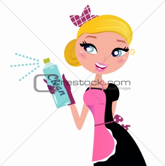 Housewife french retro Maid with cleaning spray isolated on 