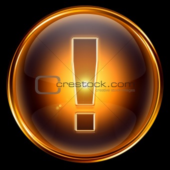 Exclamation symbol icon gold, isolated on black background