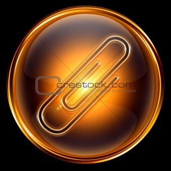 Paperclip icon gold, isolated on black background