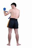 boxer in shorts . Rear view. Isolated over white.