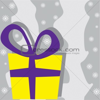 yellow christmas gift. Tied up by a dark blue tape