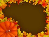 Fall leaves and pumpkins on wood background 