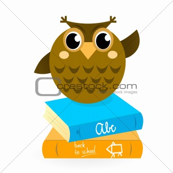 Cartoon Owl with books isolated on white
