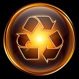 Recycling symbol icon gold, isolated on black background.