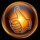 thumb up icon golden, isolated on black background