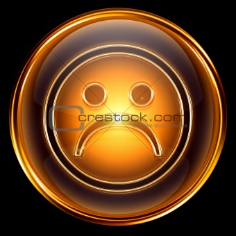 Smiley dissatisfied icon golden, isolated on black background.