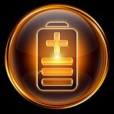 Battery icon golden, isolated on black background