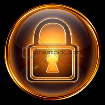 Lock icon gold, isolated on black background