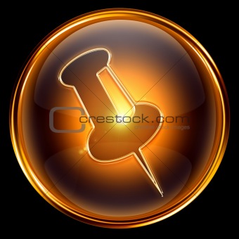  thumbtack icon golden, isolated on black background.
