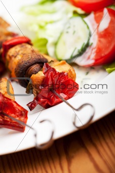 chicken meat on skewers and salad