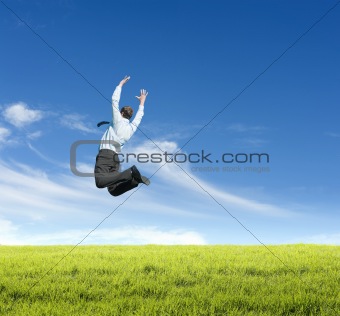 man jumping on  meadow