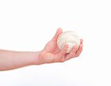 closeup of a hand holding a baseball - isolated on white