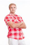 portrait of a young man with blond hair in shirt - isolated on white