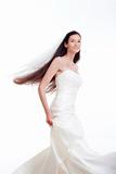 portrait od a bride with long dark hair in wedding dress - isolated on white