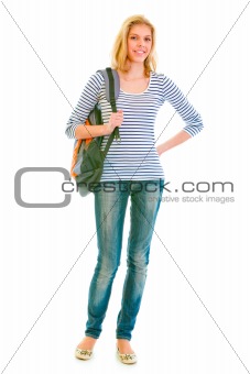 Full length portrait of smiling pretty girl with schoolbag
