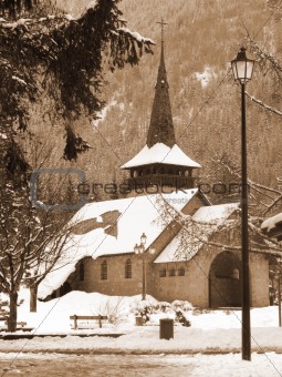 Small church in Chamonix in the winter