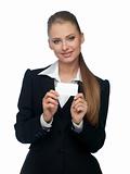 woman with a business card