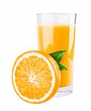 Glass of orange juice and orange half with leaves