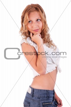 beautiful and elegant young woman in shorts, isolated on white background, studio shot