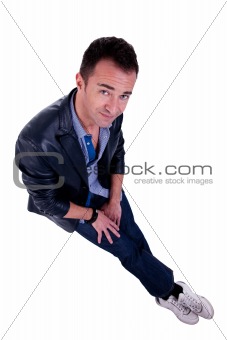 Portrait of a middle-age man, view from above, isolated on white. Studio shot