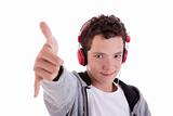 happy young man with red headphones, and thumb up, isolated on white background, studio session
