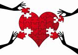 red puzzle heart with hands, vector