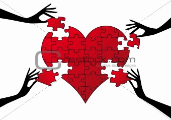 red puzzle heart with hands, vector