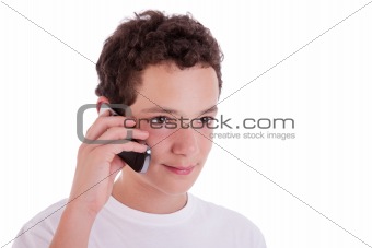 happy young man on the phone,,  isolated on white background, studio session