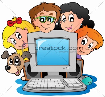 Computer with cartoon kids and dog