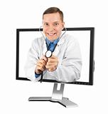Crazy and funny doctor and computer monitor