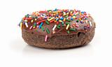 Donut with chocolate icing and colorful sprinkles