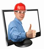 young builder shows a ok sign through the screen