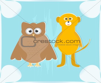 cute cartoon owl and lemur on blue background