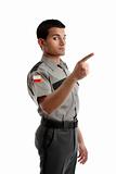 Security officer or warden pointing finger