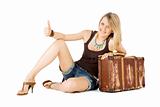 Woman suitcase hitchhiking