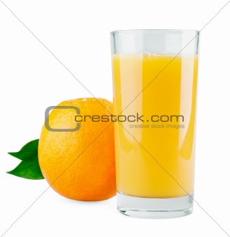 Orange with leaves and juice