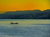 Sea blue boat golden sunset