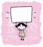 Cute doodle retro kid holding blank banner sign isolated on pink