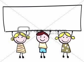 Cute doodle children holding blank banner sign isolated on white