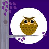 Cute Halloween Owl on Tree Branch with full moon behind
