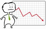 unhappy trader and a drop chart with falling red arrow - vector illustration in cartoon style
