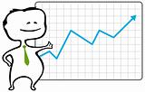 Happy trader and a chart with a rising blue arrow - vector illustration in cartoon style