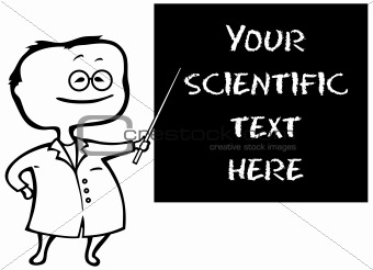Scientist professor in cartoon style with a blackboard isolated on white - vector illustration