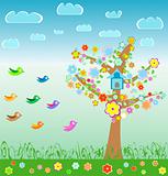 summer landscape with birds flower and tree and cute cloud