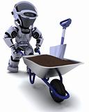 robot gardener with a wheel barrow carrying soil